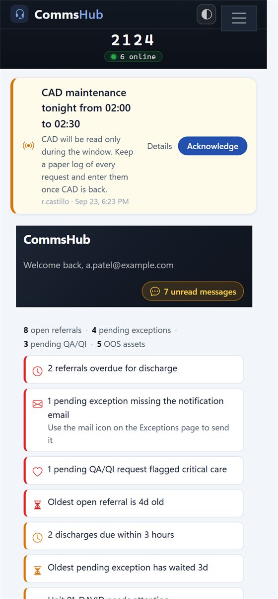 CommsHub on a phone: the home screen with an announcement banner and the attention list.